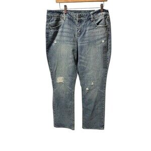 American Eagle Jeans Straight 77 Womens 14 Reg Distressed Medium Wash NWT